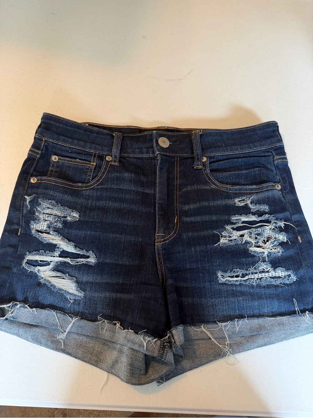 American Eagle Outfitters Distressed Dark Blue Roll-Cuff Denim Shorts
